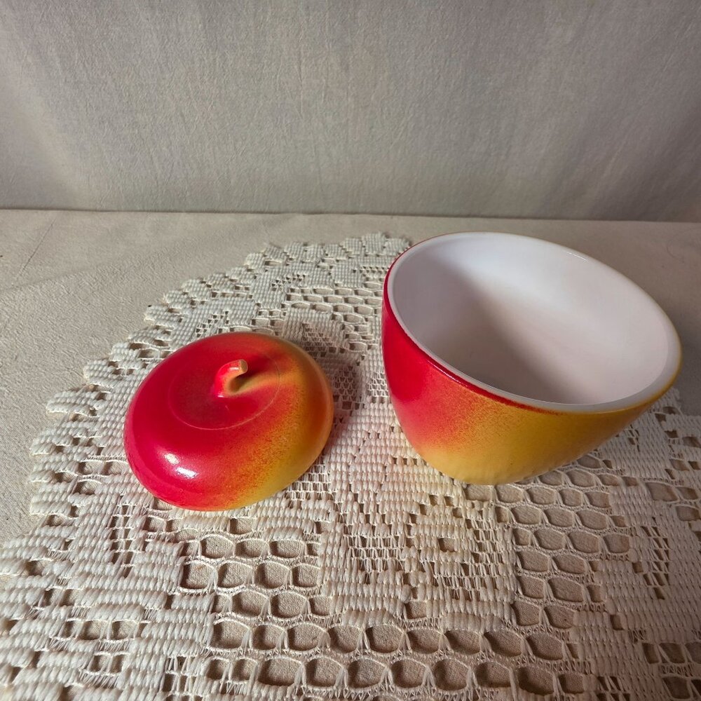 Hazel Atlas Milk Glass Apple Jam Jar 4" Red & Yellow Vintage Kitchen Decor - Picture 6 of 9